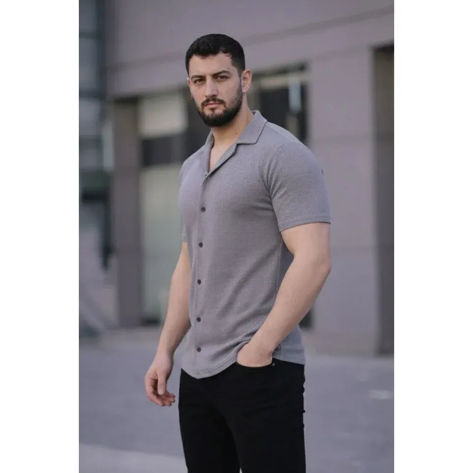 Erkek Waffle Kumaş Kısa Kollu Düğmeli Açık Yaka Regular Fit Gömlek - Gri