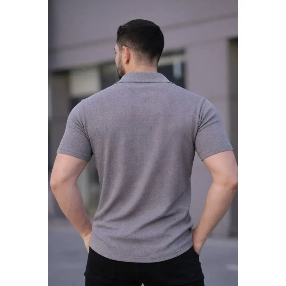 Erkek Waffle Kumaş Kısa Kollu Düğmeli Açık Yaka Regular Fit Gömlek - Gri