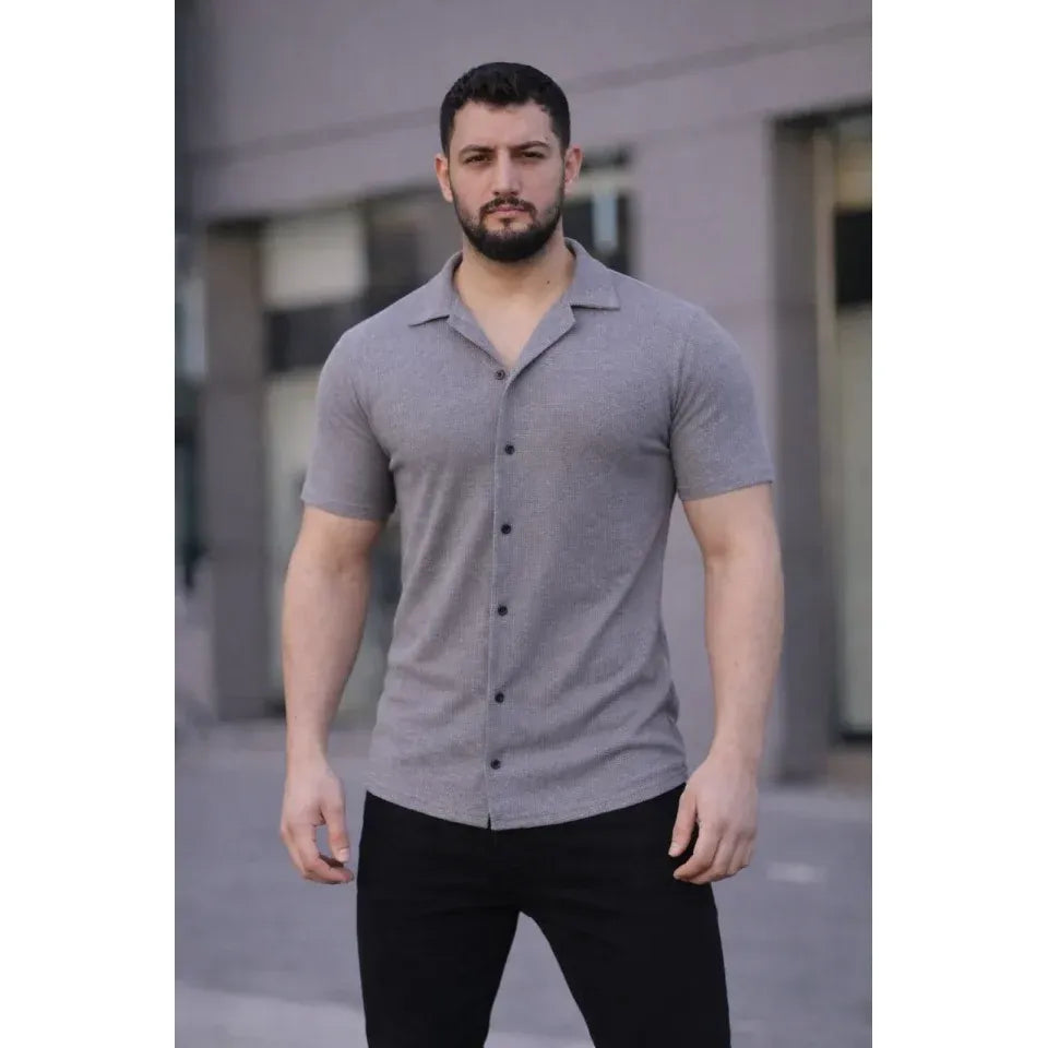 Erkek Waffle Kumaş Kısa Kollu Düğmeli Açık Yaka Regular Fit Gömlek - Gri