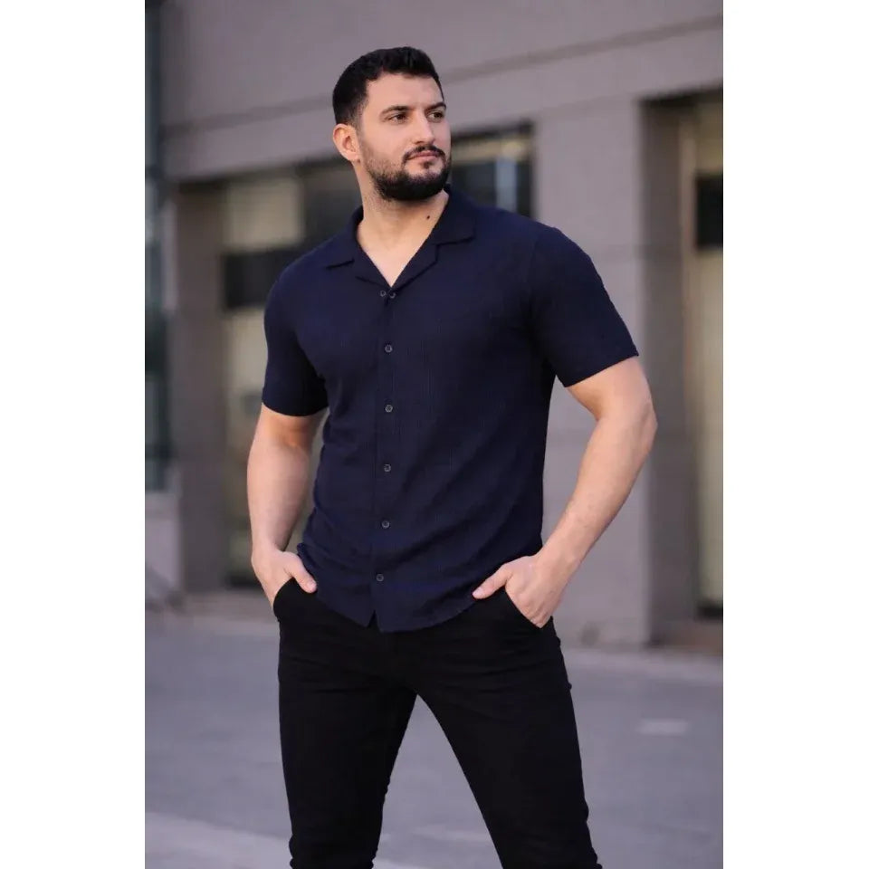 Erkek Waffle Kumaş Kısa Kollu Düğmeli Açık Yaka Regular Fit Gömlek - Lacivert