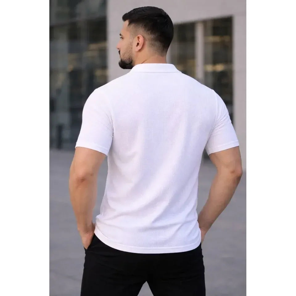Erkek Waffle Kumaş Kısa Kollu Düğmeli Açık Yaka Regular Fit Gömlek - Beyaz