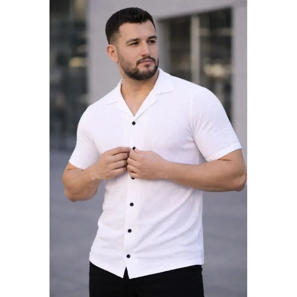 Erkek Waffle Kumaş Kısa Kollu Düğmeli Açık Yaka Regular Fit Gömlek - Beyaz