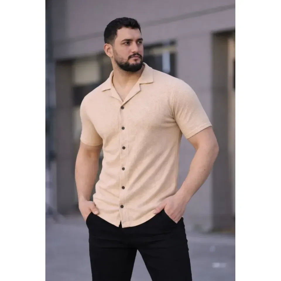 Erkek Waffle Kumaş Kısa Kollu Düğmeli Açık Yaka Regular Fit Gömlek - Bej