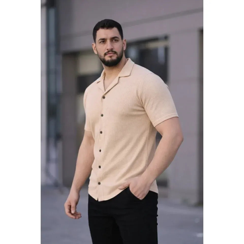 Erkek Waffle Kumaş Kısa Kollu Düğmeli Açık Yaka Regular Fit Gömlek - Bej