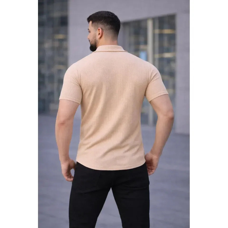 Erkek Waffle Kumaş Kısa Kollu Düğmeli Açık Yaka Regular Fit Gömlek - Bej