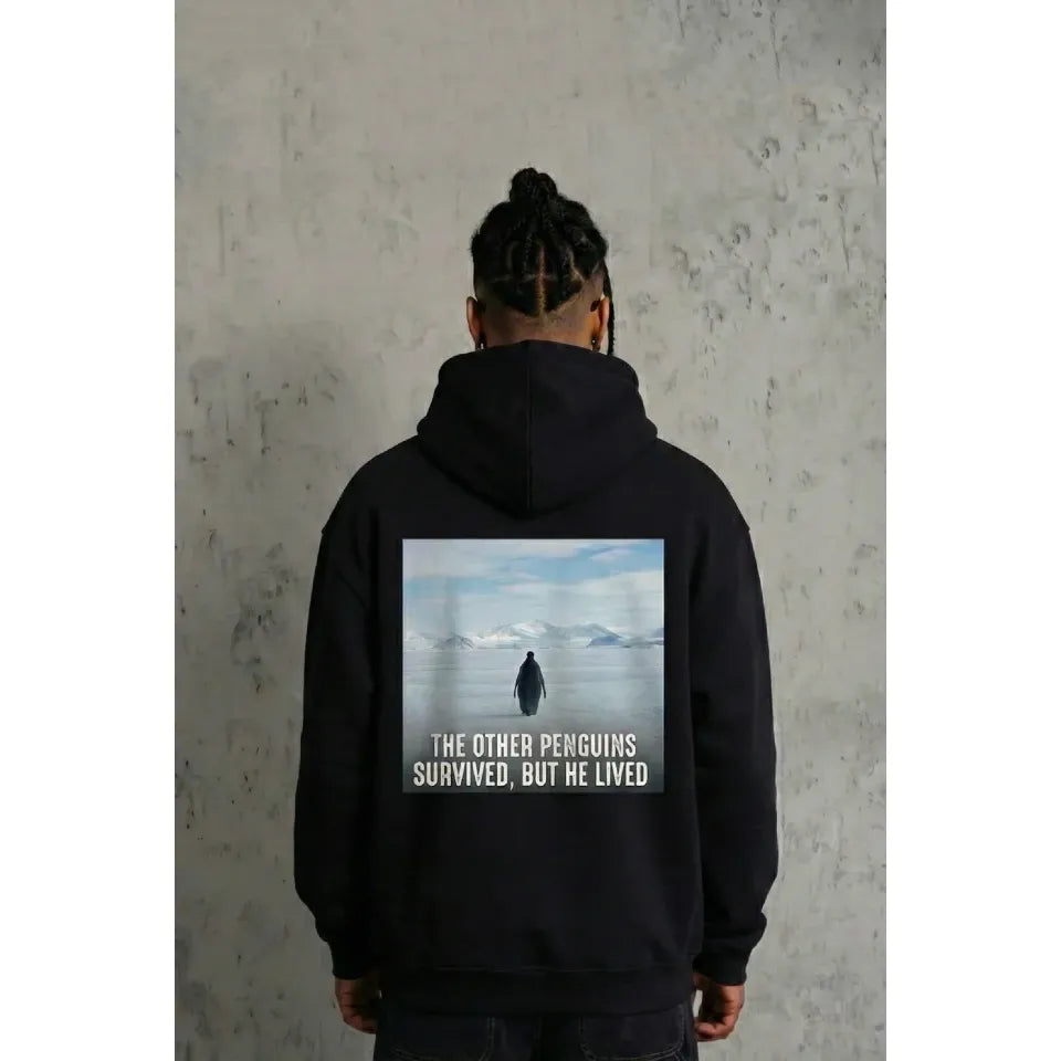 Siyah Oversize Hoodie - Sırt Baskılı Survivor Penguin Temalı, Felsefi Yazılı Kapüşonlu Sweatshirt - Siyah