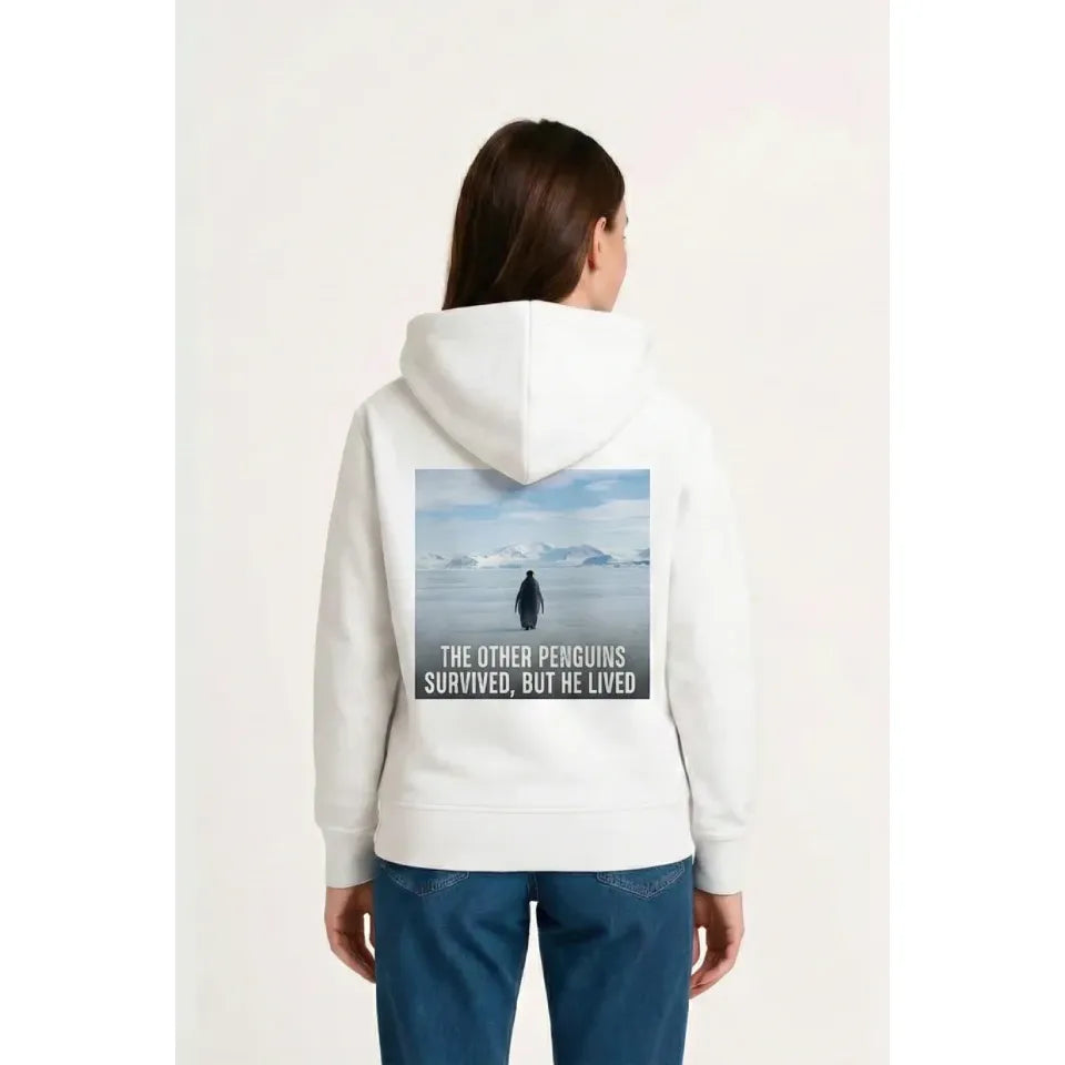 Oversize Hoodie - Sırt Baskılı Survivor Penguin Temalı, Felsefi Yazılı Kapüşonlu Sweatshirt - Beyaz