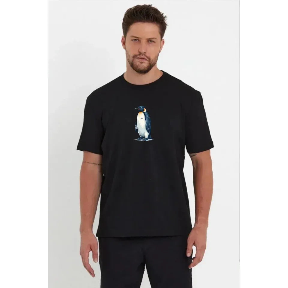 Erkek Oversize Tişört - Sırt Baskılı Survivor Penguin Temalı, Felsefi Yazılı Bisiklet Yaka Tişört - Siyah