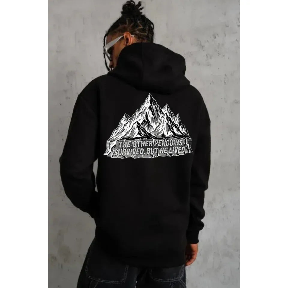 Erkek Nihilist Penguen Temalı Oversize Kapüşonlu Sweatshirt - Siyah