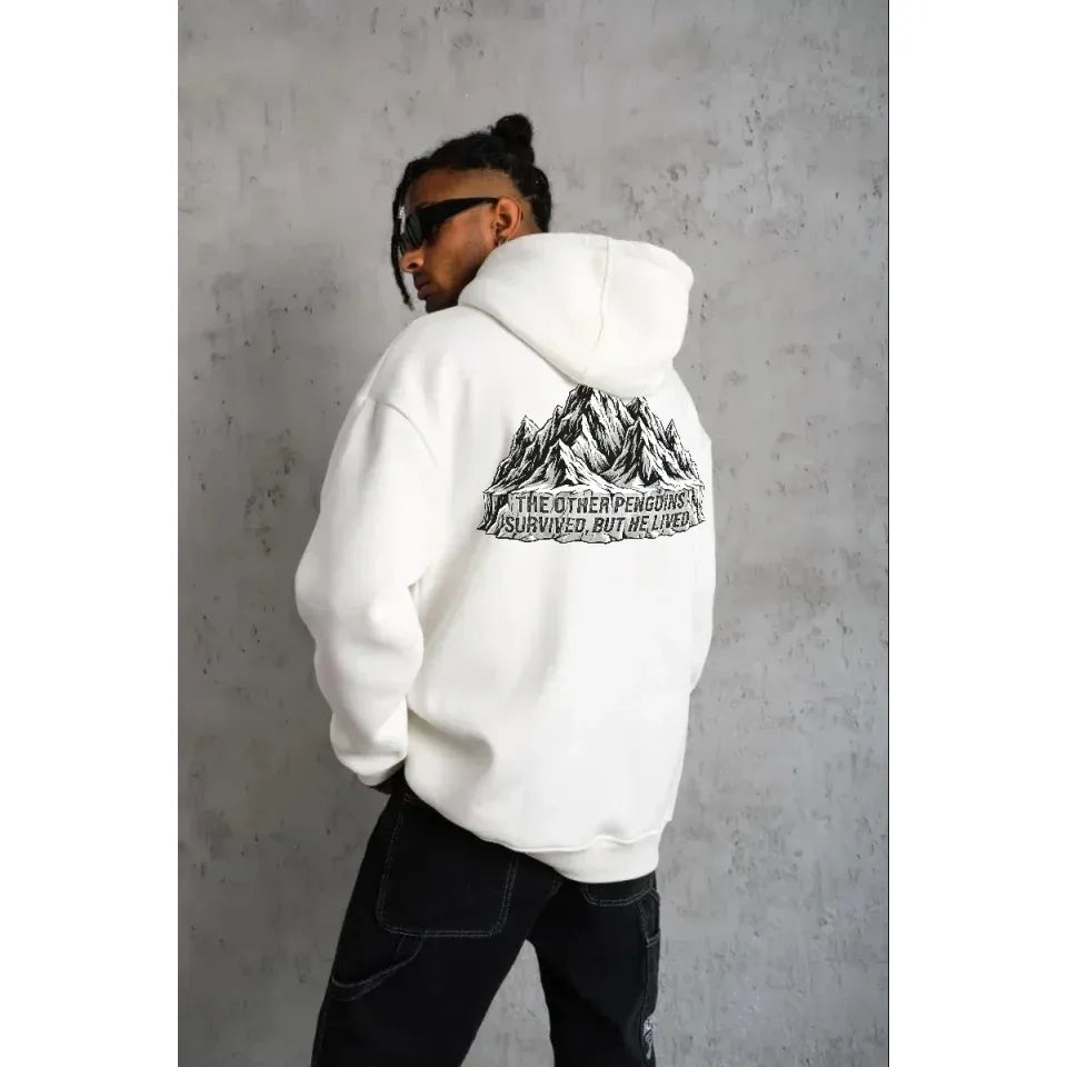 Erkek Nihilist Penguen Temalı Oversize Kapüşonlu Sweatshirt - Beyaz