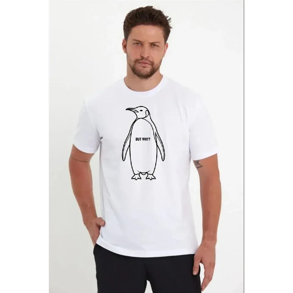 Erkek Nihilist Penguen Özel Tasarım Oversize Bisiklet Yaka Tişört - Beyaz