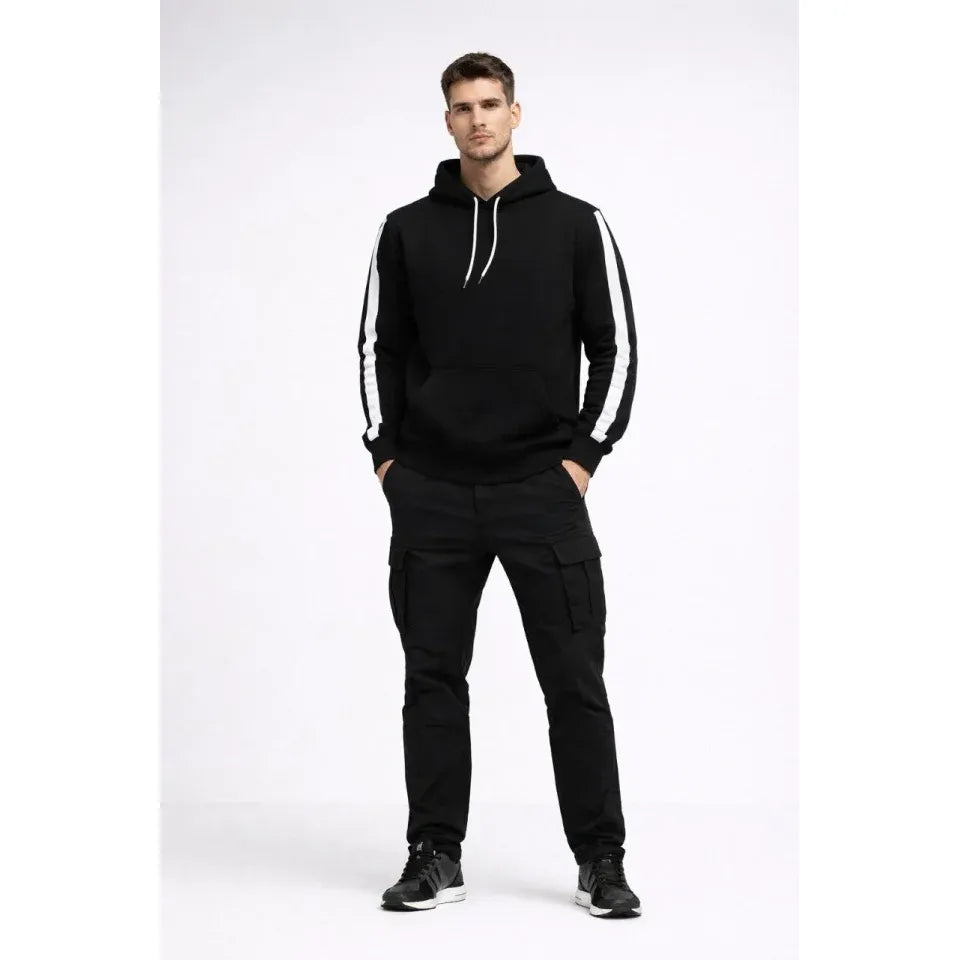 Erkek Şeritli Kapüşonlu Sweatshirt Oversize 3 Iplik Pamuklu - Siyah