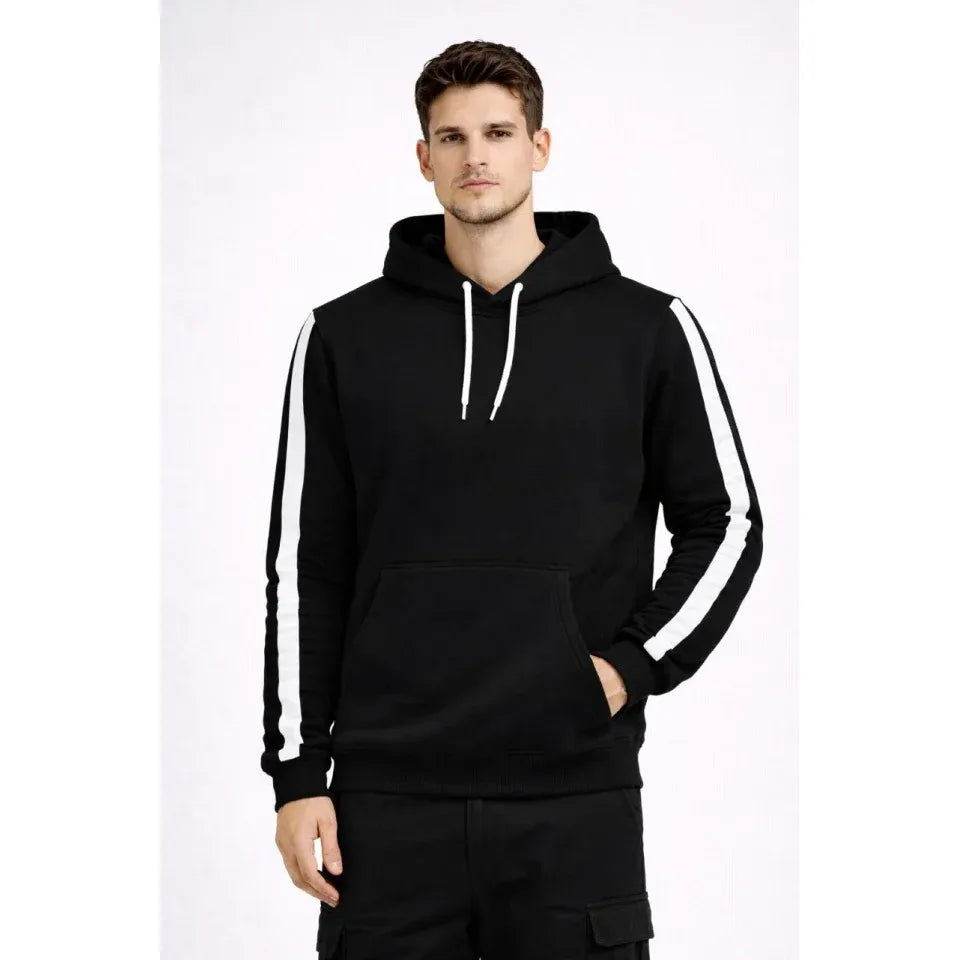 Erkek Şeritli Kapüşonlu Sweatshirt Oversize 3 Iplik Pamuklu - Siyah