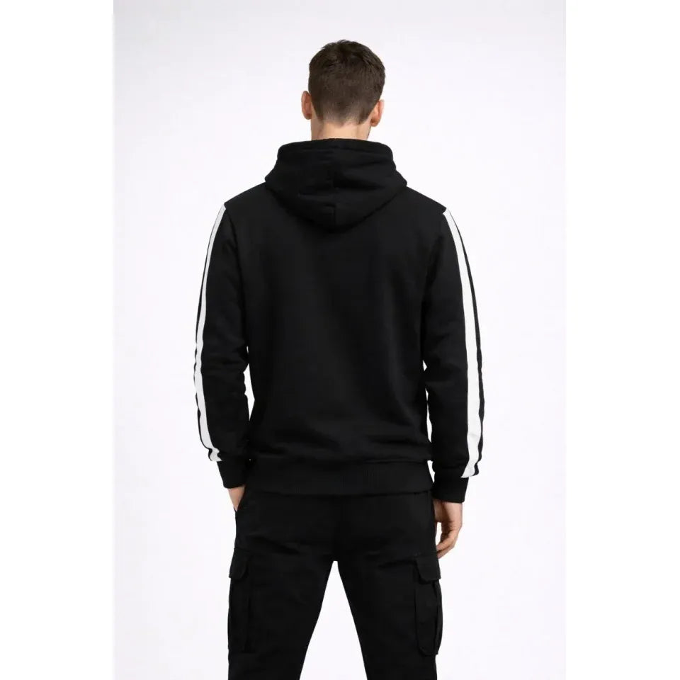 Erkek Şeritli Kapüşonlu Sweatshirt Oversize 3 Iplik Pamuklu - Siyah