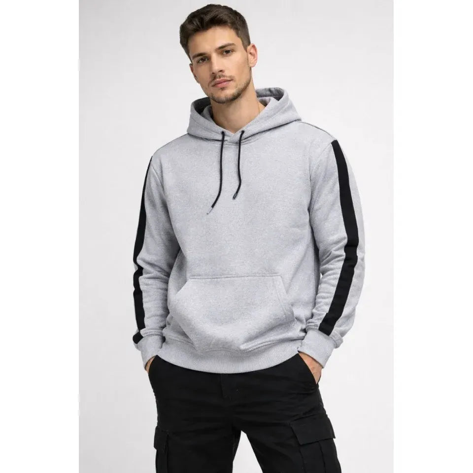 Erkek Şeritli Kapüşonlu Sweatshirt Oversize 3 Iplik Pamuklu - Beyaz