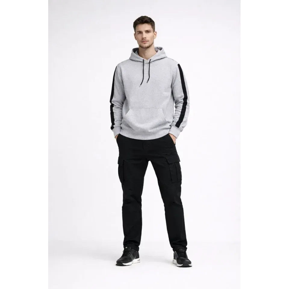 Erkek Şeritli Kapüşonlu Sweatshirt Oversize 3 Iplik Pamuklu - Beyaz