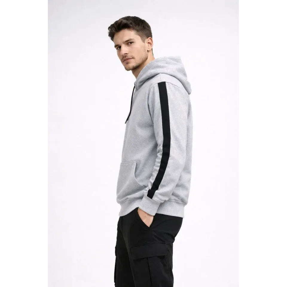 Erkek Şeritli Kapüşonlu Sweatshirt Oversize 3 Iplik Pamuklu - Beyaz