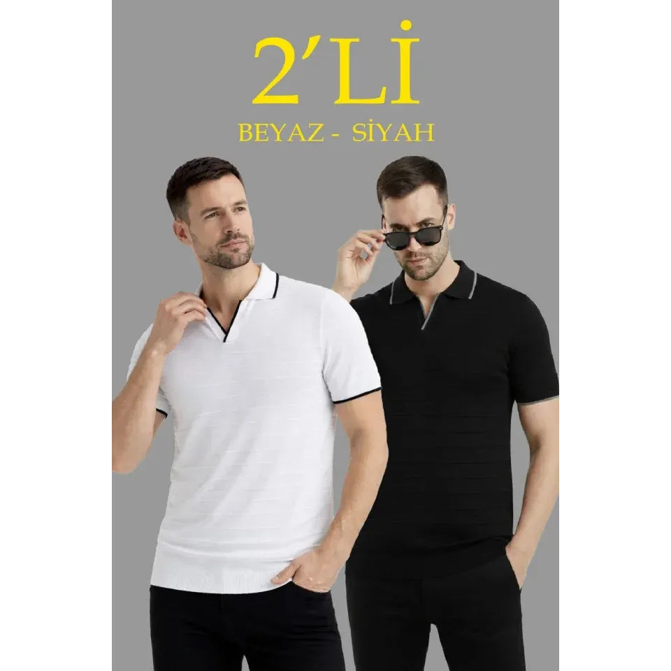 Erkek 2’li Paket Triko Yakalı Düğmesiz Açık Yaka Fitilli Kısa Kollu Regular Fit Tişört - Beyaz - Siyah