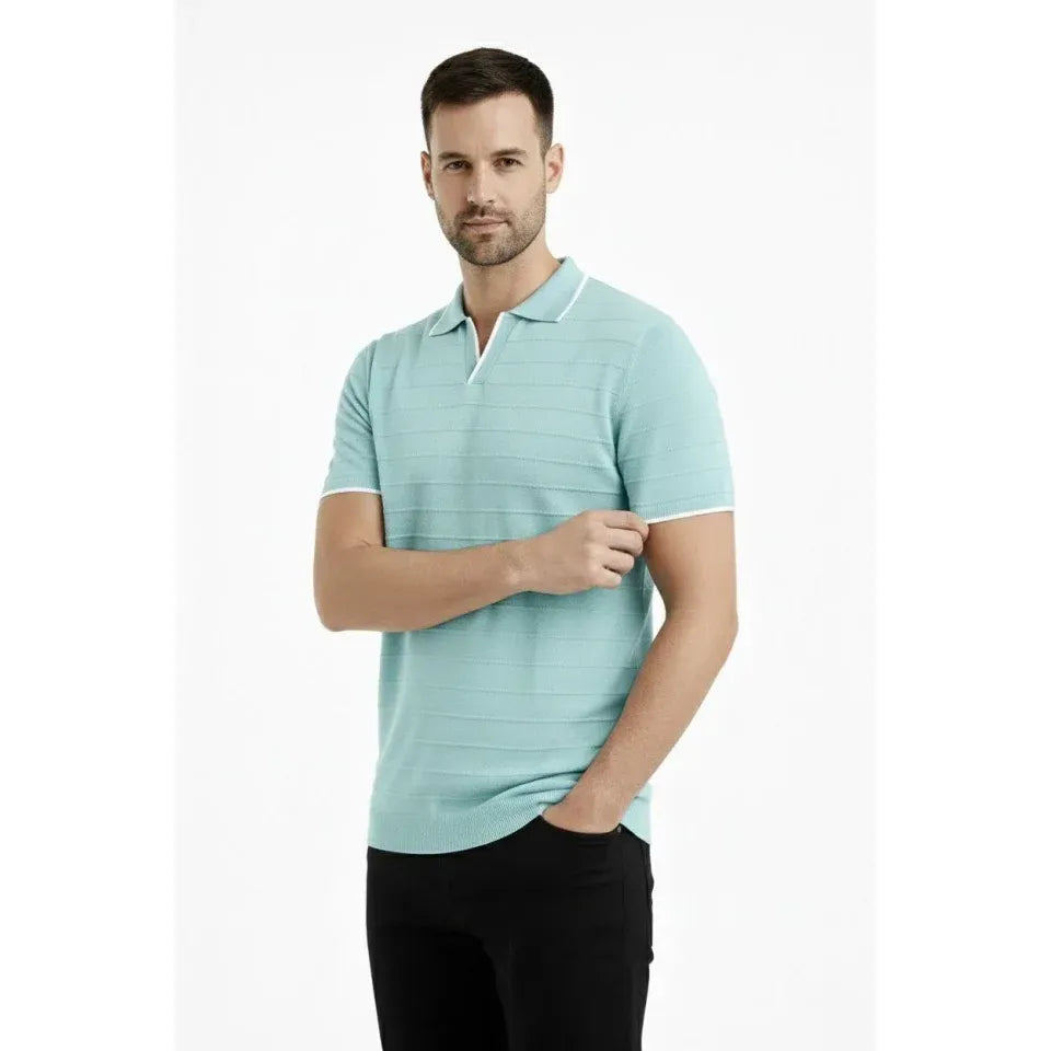 Erkek 2’li Paket Triko Yakalı Düğmesiz Açık Yaka Fitilli Kısa Kollu Regular Fit Tişört - Beyaz - Mint Yeşili