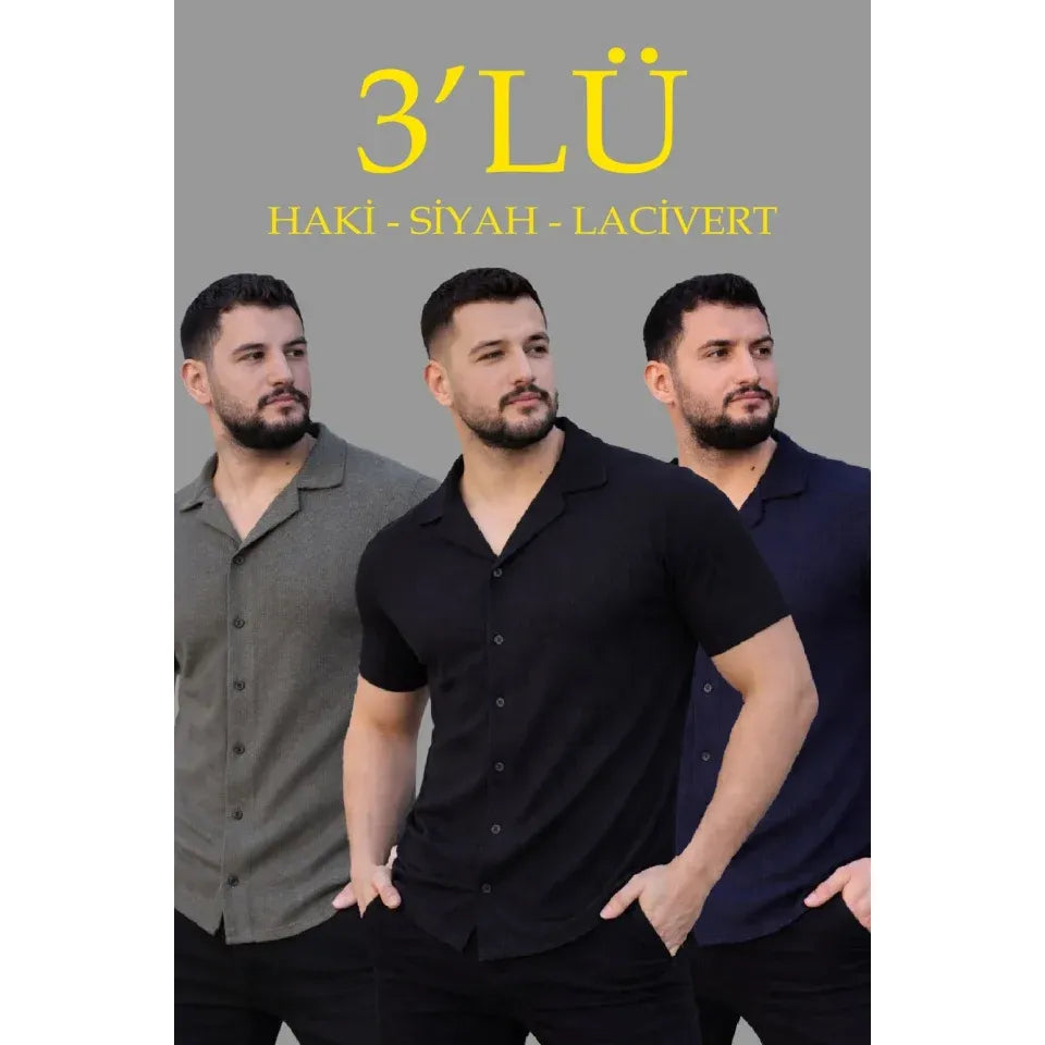Erkek Waffle Dokuma Açık Yakalı Düğmeli Regular Kalıp 3’lü Gömlek Seti - Siyah, Haki, Lacivert