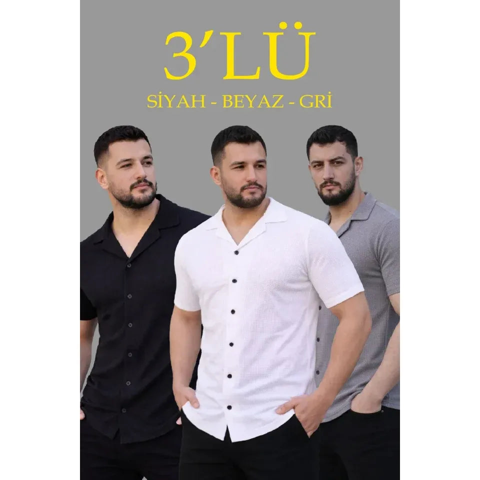 Erkek Waffle Dokuma Açık Yakalı Düğmeli Regular Kalıp 3’lü Gömlek Seti - Siyah, Beyaz, Gri