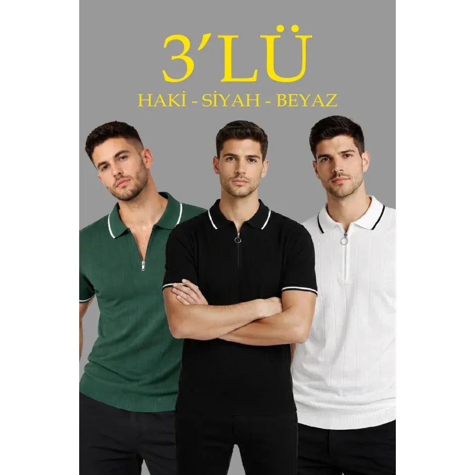 Erkek 3’lü Paket Dokuma Triko  Fermuarlı Yakalı Fitilli Kısa Kollu Regular Fit Tişört - Beyaz, Haki, Siyah