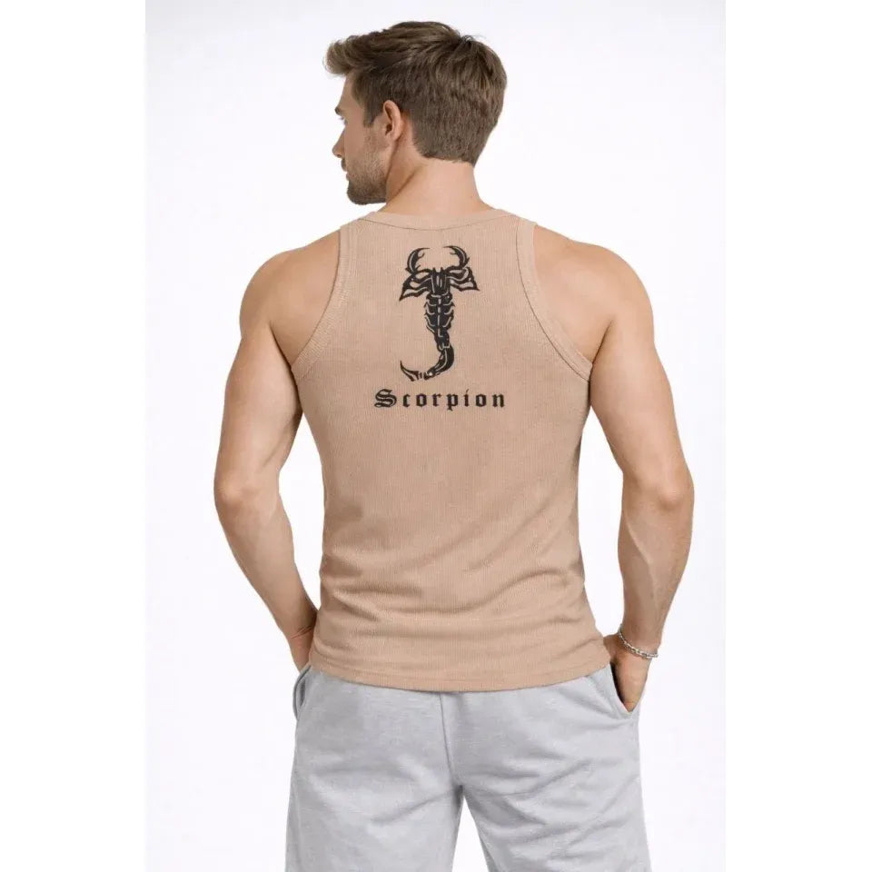 Erkek Fitilli Atlet Sıfır Yaka Slim Fit Arka Baskılı Spor Atlet - Bej