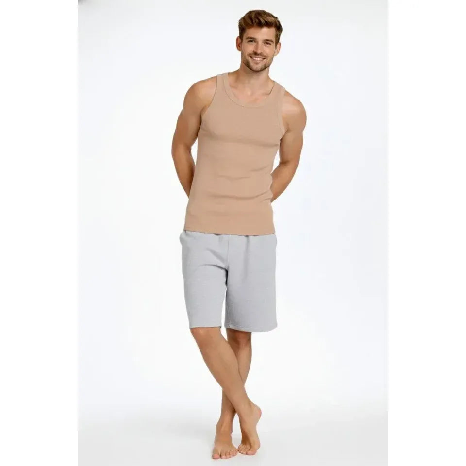 Erkek Fitilli Atlet Sıfır Yaka Slim Fit Arka Baskılı Spor Atlet - Bej