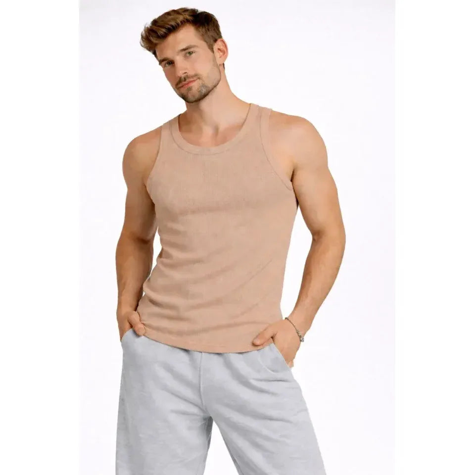 Erkek Fitilli Atlet Sıfır Yaka Slim Fit Arka Baskılı Spor Atlet - Bej