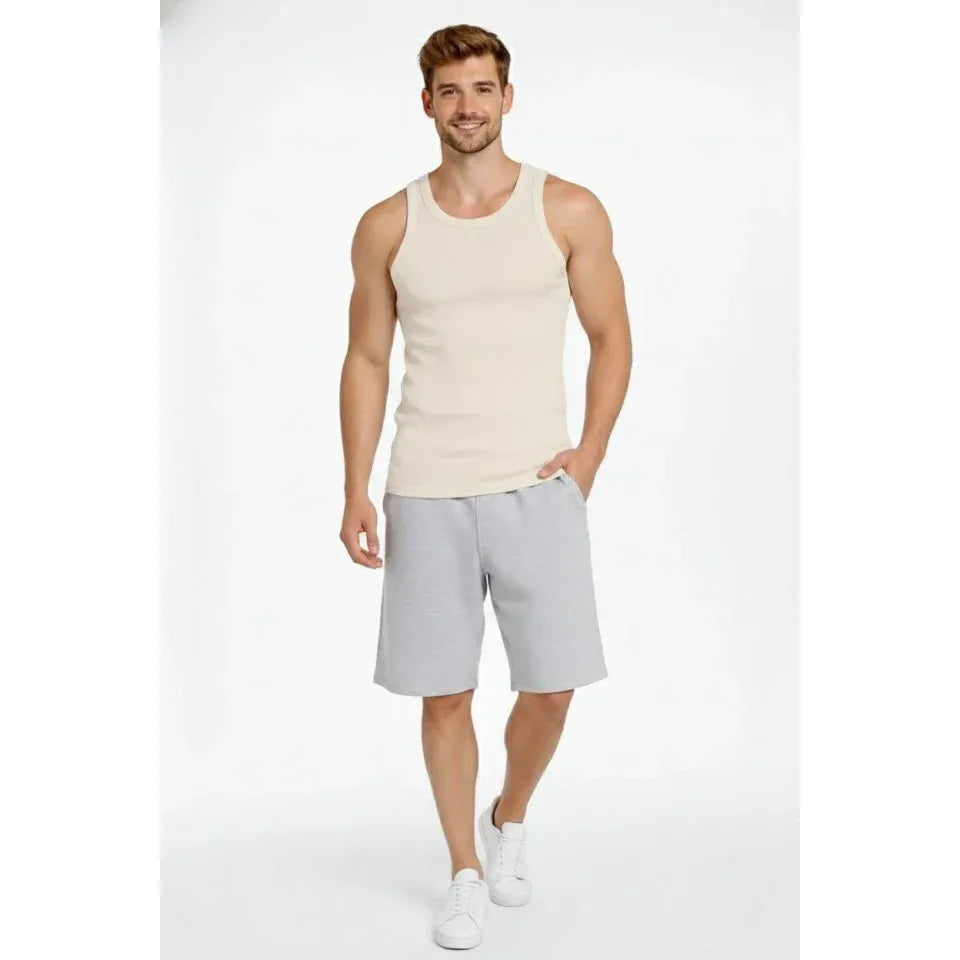 Erkek Fitilli Atlet Sıfır Yaka Slim Fit Arka Baskılı Spor Atlet - Krem