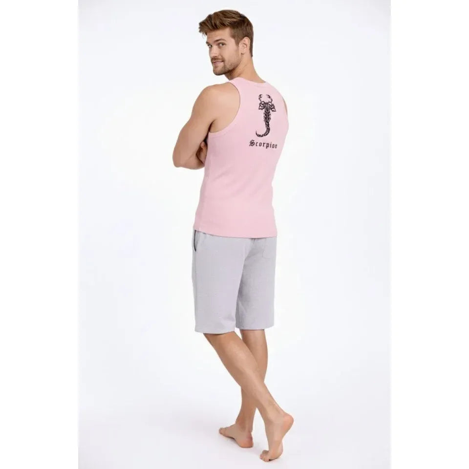 Erkek Fitilli Atlet Sıfır Yaka Slim Fit Arka Baskılı Spor Atlet - Pembe
