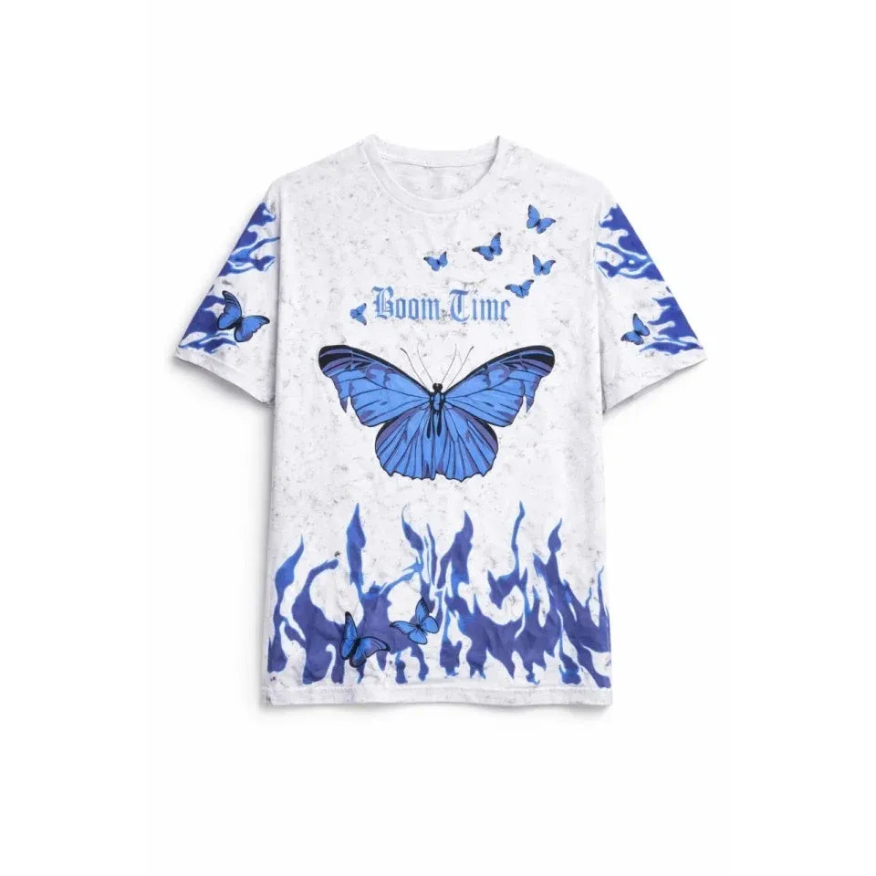 Asit Yıkamalı Oversize Tişört Mavi Kelebek Baskılı Dijital Print Bisiklet Yaka Streetwear T-Shirt - Beyaz