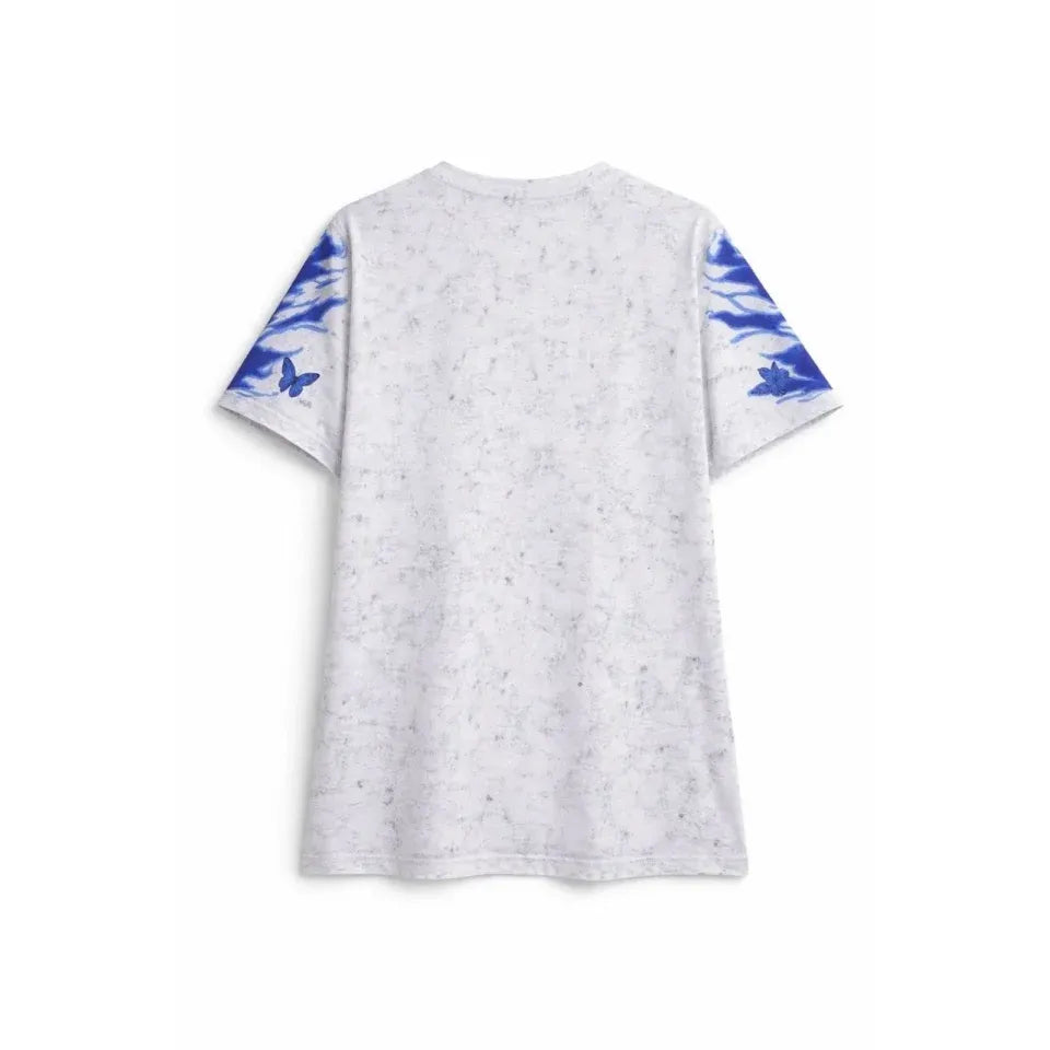 Asit Yıkamalı Oversize Tişört Mavi Kelebek Baskılı Dijital Print Bisiklet Yaka Streetwear T-Shirt - Beyaz