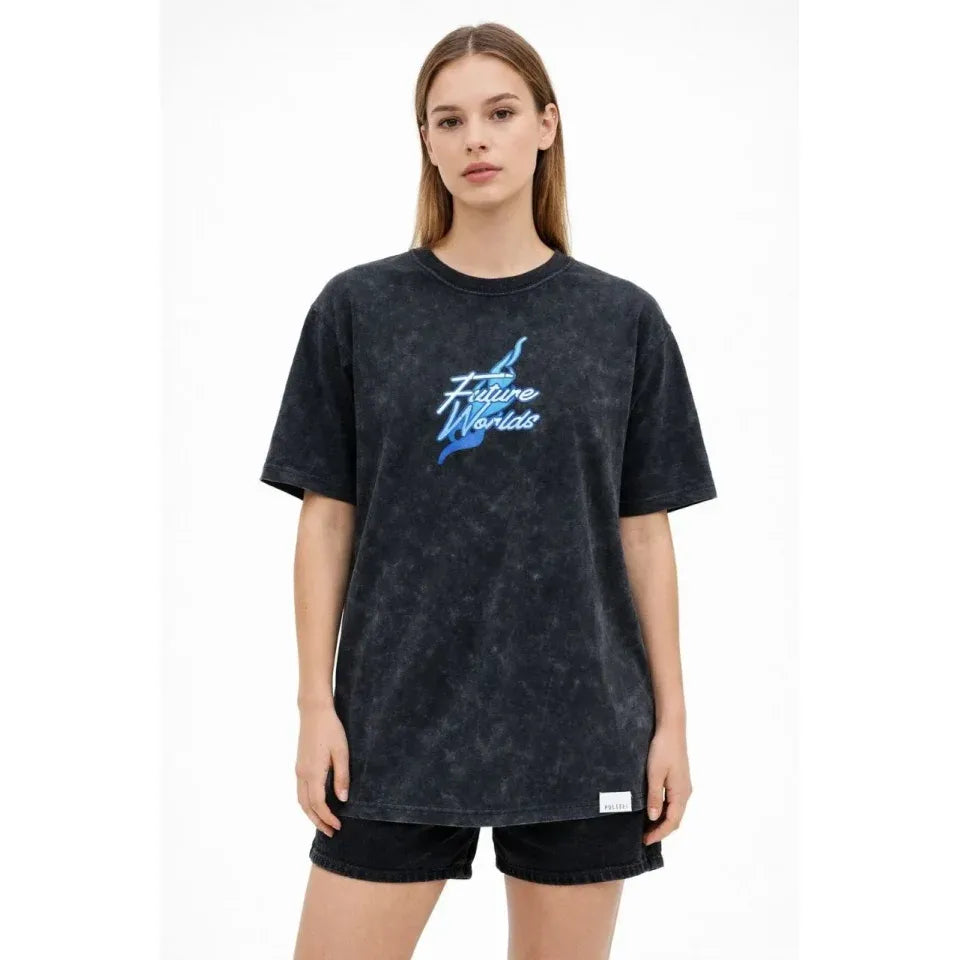 Asit Yıkamalı Oversize Tişört Future Worlds Baskılı Bisiklet Yaka Kısa Kollu Streetwear %100 Pamuk Street Style T-Shirt - Siyah