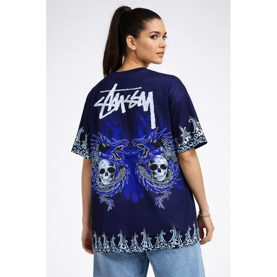 Lacivert Oversize Tişört Dragon - Kuru Kafa Baskılı Bisiklet Yaka T-Shirt - Lacivert