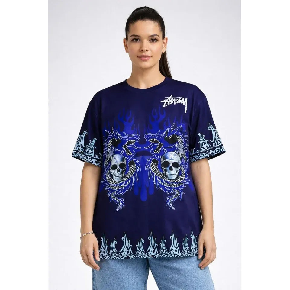 Lacivert Oversize Tişört Dragon - Kuru Kafa Baskılı Bisiklet Yaka T-Shirt - Lacivert