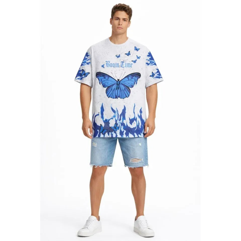 Erkek Asit Yıkamalı Oversize Tişört Mavi Kelebek Baskılı Dijital Print Bisiklet Yaka Streetwear T-Shirt - Beyaz