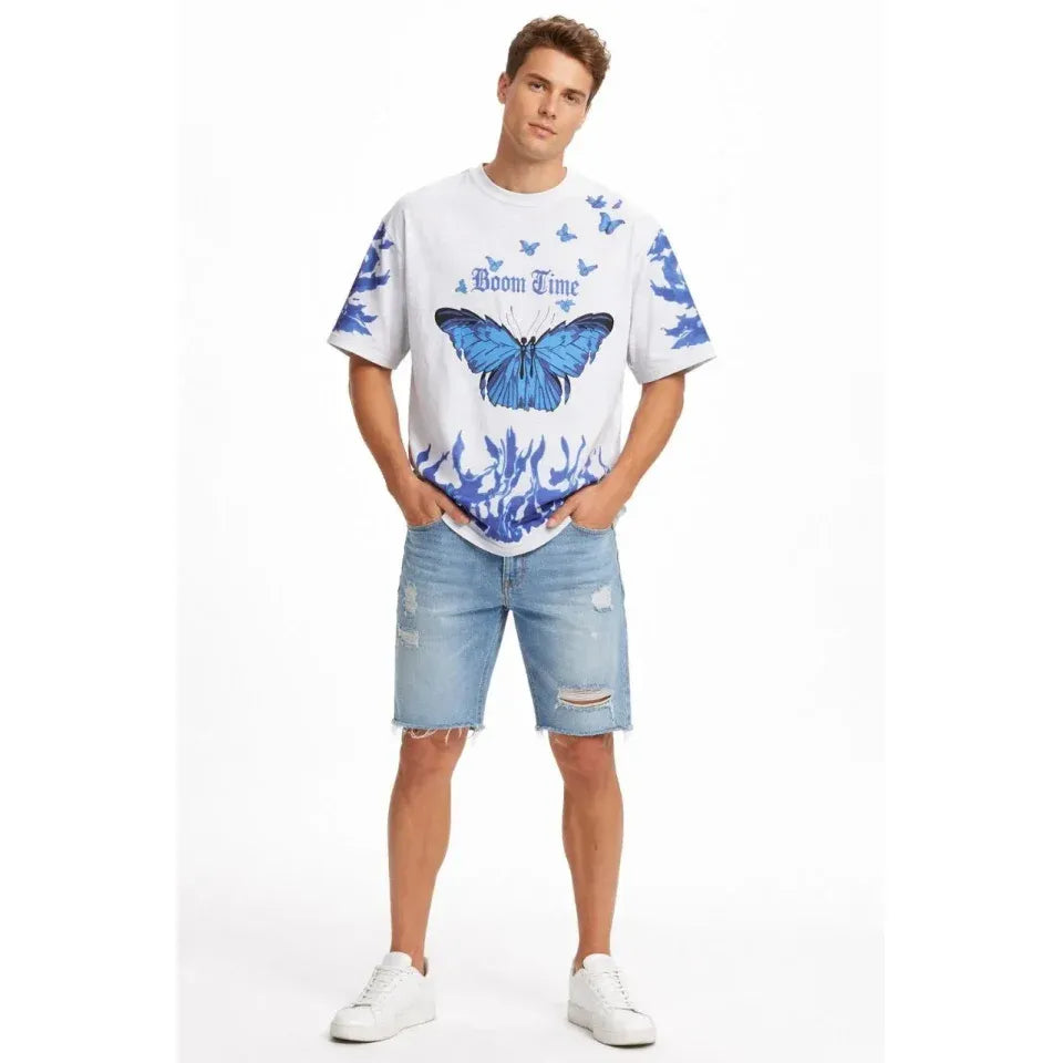 Erkek Asit Yıkamalı Oversize Tişört Mavi Kelebek Baskılı Dijital Print Bisiklet Yaka Streetwear T-Shirt - Beyaz