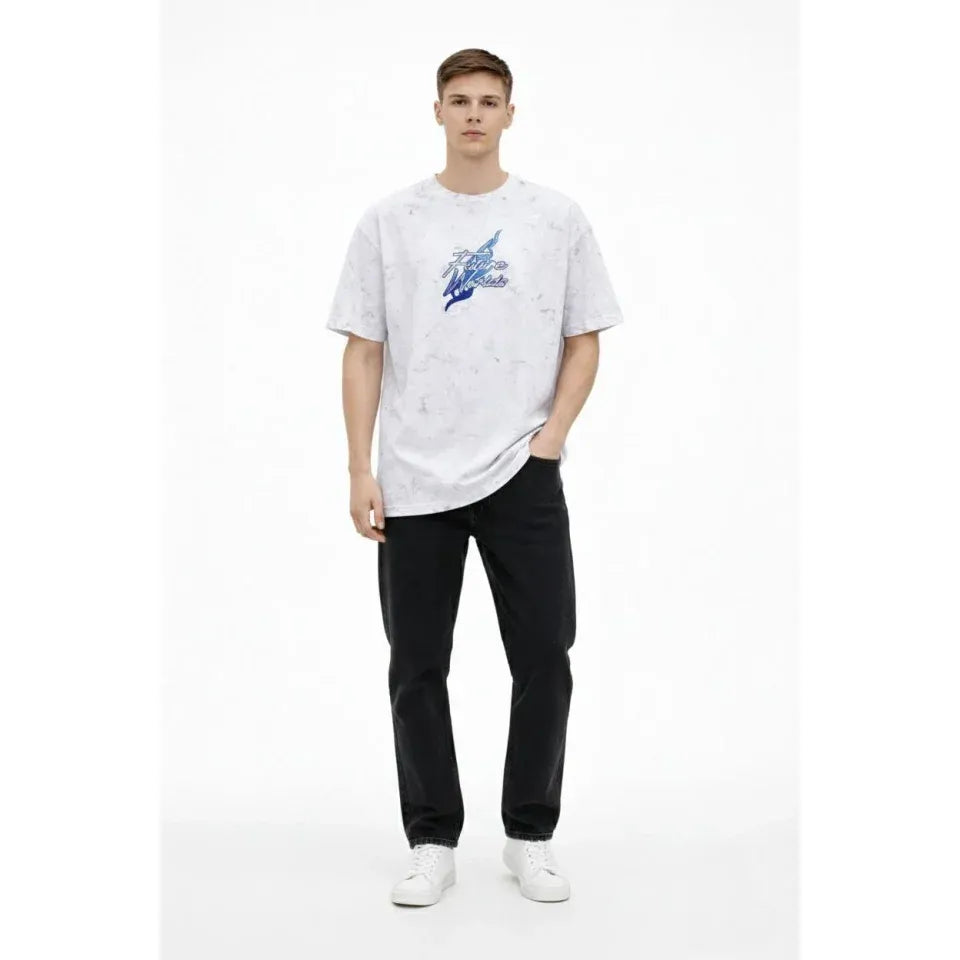 Erkek Asit Yıkamalı Oversize Tişört Future Worlds Baskılı Bisiklet Yaka Kısa Kollu Streetwear %100 Pamuk Street Style T-Shirt - Beyaz