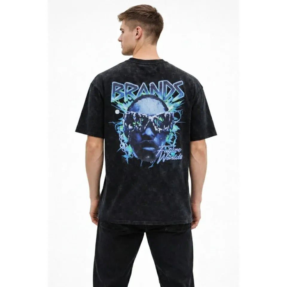 Erkek Asit Yıkamalı Oversize Tişört Future Worlds Baskılı Bisiklet Yaka Kısa Kollu Streetwear %100 Pamuk Street Style T-Shirt - Siyah