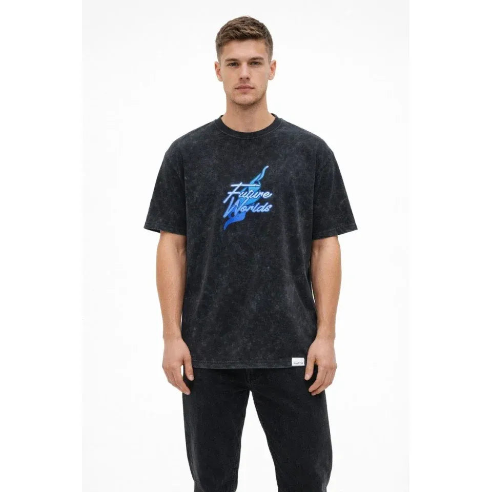 Erkek Asit Yıkamalı Oversize Tişört Future Worlds Baskılı Bisiklet Yaka Kısa Kollu Streetwear %100 Pamuk Street Style T-Shirt - Siyah
