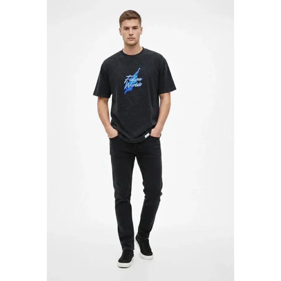 Erkek Asit Yıkamalı Oversize Tişört Future Worlds Baskılı Bisiklet Yaka Kısa Kollu Streetwear %100 Pamuk Street Style T-Shirt - Siyah