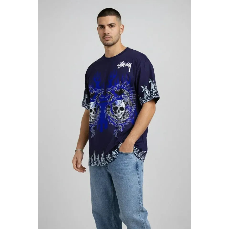 Erkek Lacivert Oversize Tişört Dragon - Kuru Kafa Baskılı Bisiklet Yaka Streetwear T-Shirt - Lacivert