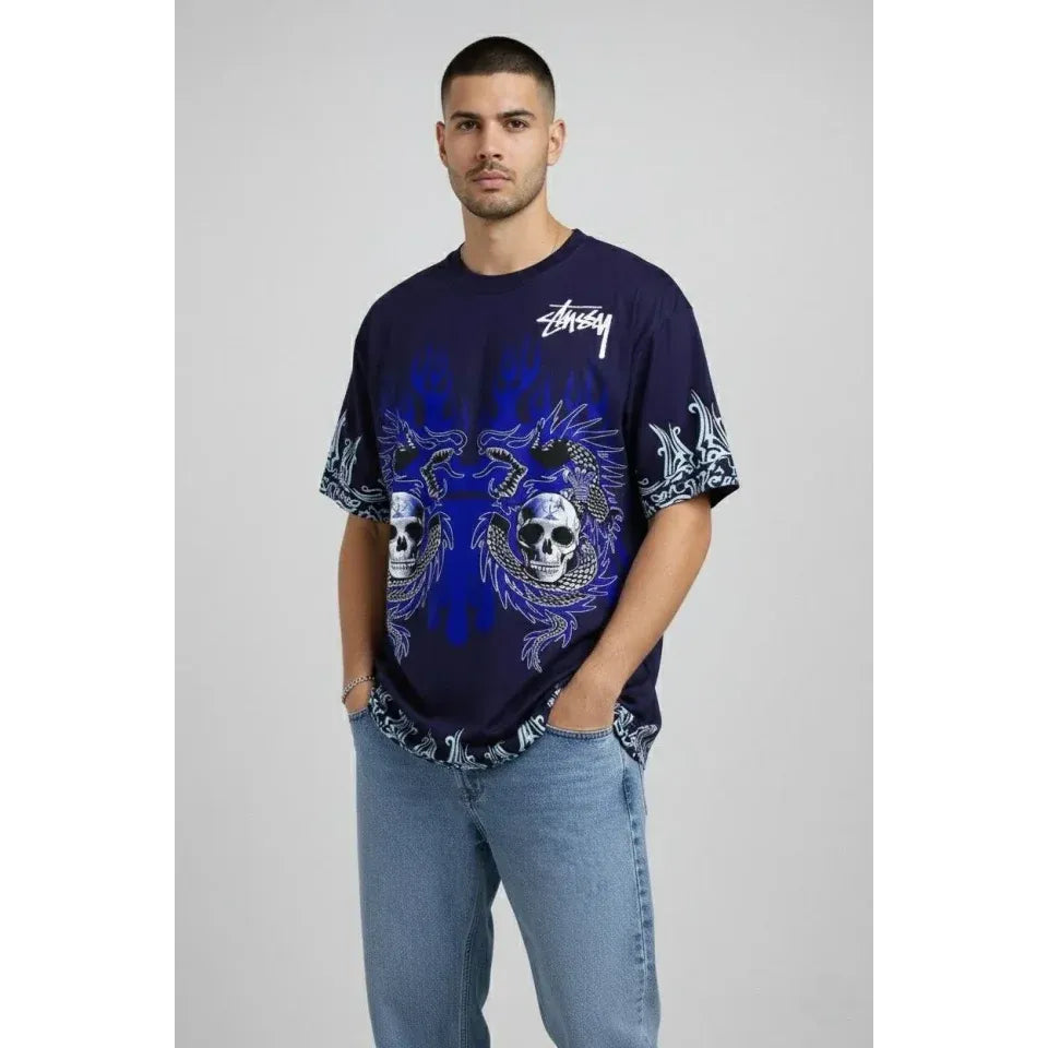Erkek Lacivert Oversize Tişört Dragon - Kuru Kafa Baskılı Bisiklet Yaka Streetwear T-Shirt - Lacivert