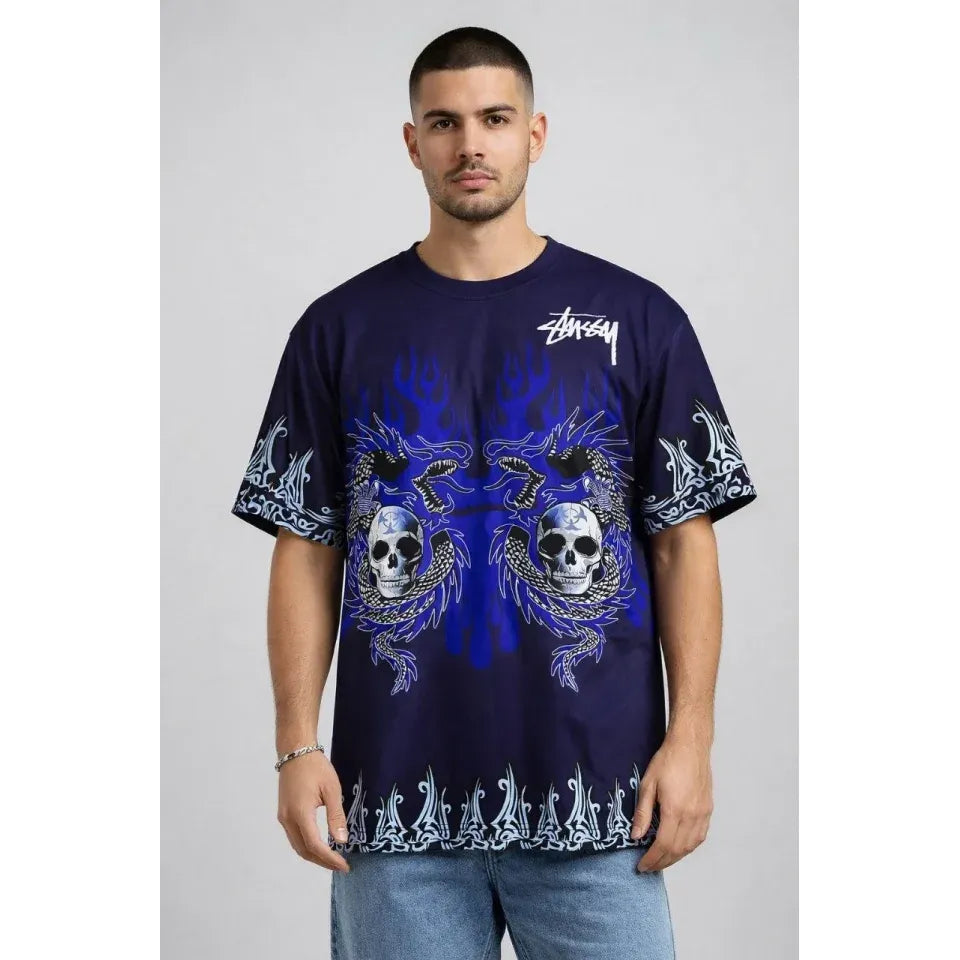 Erkek Lacivert Oversize Tişört Dragon - Kuru Kafa Baskılı Bisiklet Yaka Streetwear T-Shirt - Lacivert