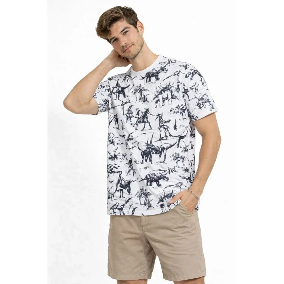 Erkek Beyaz Dinozor Desenli Tişört – Regular Fit, Bisiklet Yaka, Dijital Baskılı Pamuklu T-Shirt - Beyaz