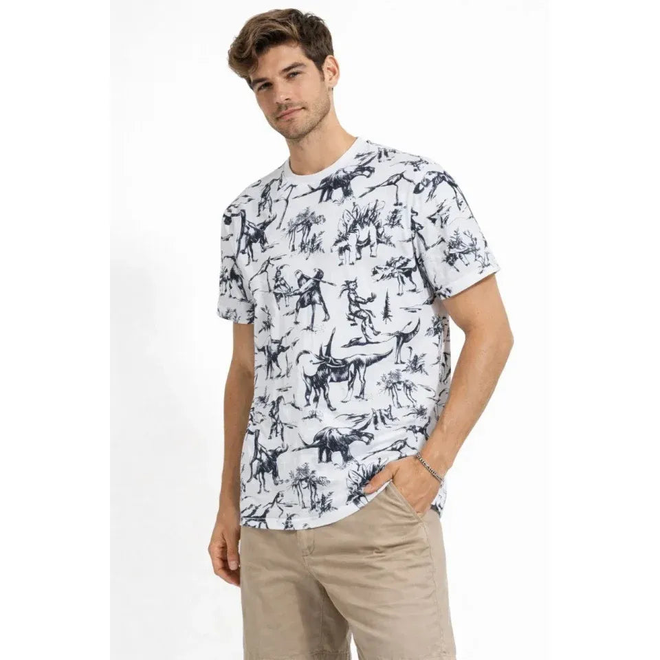 Erkek Beyaz Dinozor Desenli Tişört – Regular Fit, Bisiklet Yaka, Dijital Baskılı Pamuklu T-Shirt - Beyaz
