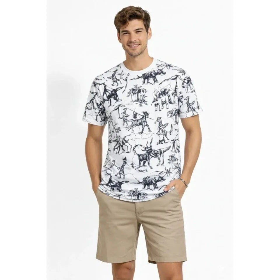 Erkek Beyaz Dinozor Desenli Tişört – Regular Fit, Bisiklet Yaka, Dijital Baskılı Pamuklu T-Shirt - Beyaz