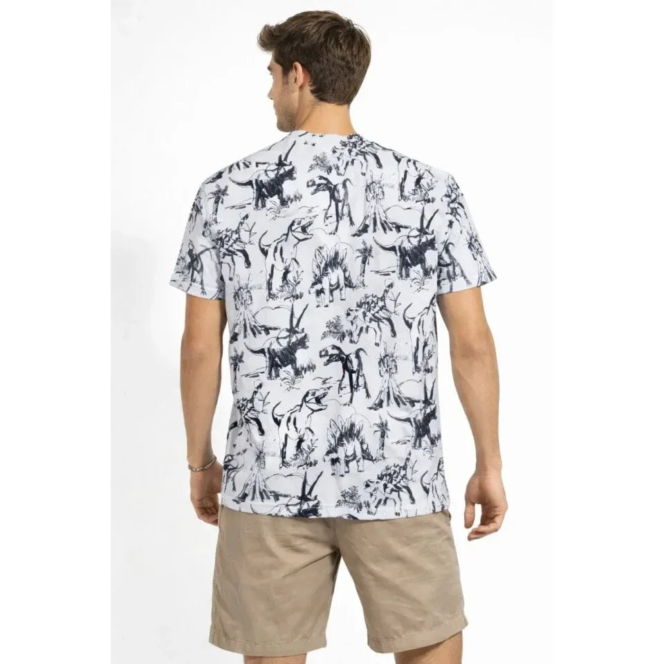 Erkek Beyaz Dinozor Desenli Tişört – Regular Fit, Bisiklet Yaka, Dijital Baskılı Pamuklu T-Shirt - Beyaz