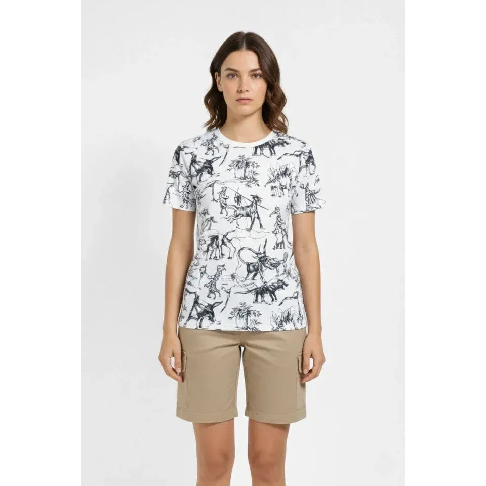 Beyaz Dinozor Desenli Tişört – Regular Kalıp, Bisiklet Yaka, Dijital Baskılı Pamuklu T-Shirt - Beyaz